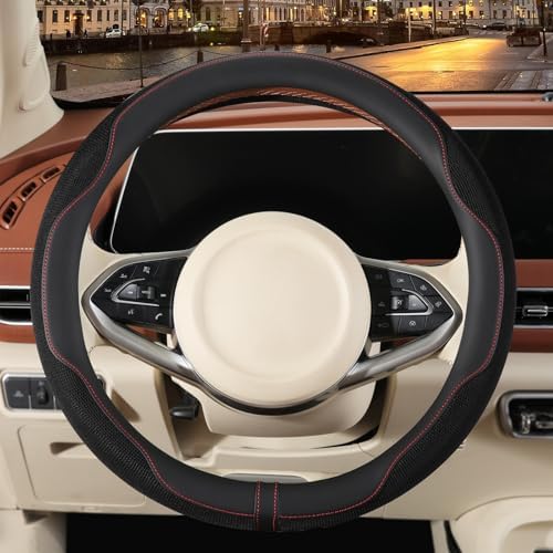 Nappa Leather Ice Silk Fabric Black Steering Wheel Cover - Image 2