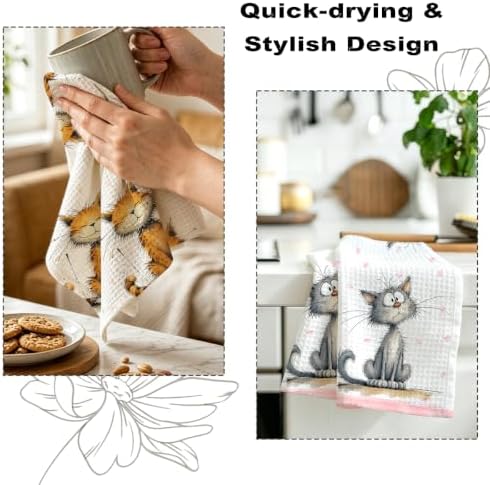2 Pcs Cute Cat Kitchen Towels, Cat Theme Soft Absorbent Hand Tea Towels 01 - Image 6