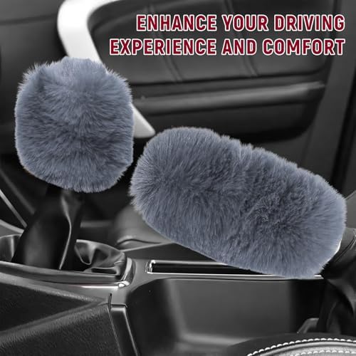 2PCS Fluffy Car Gear Shift Knob Cover & Handbrake Cover, Furry Auto Hand Brake - Image 4