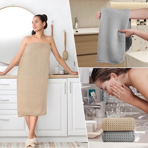 POLYTE 430 GSM Poly Blend Microfiber Quick Dry Waffle Bath Towel Set of 6 - Image 5