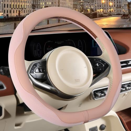 Nappa Leather Pink D Shaped Steering Wheel Cover Women 14 inch - Image 2
