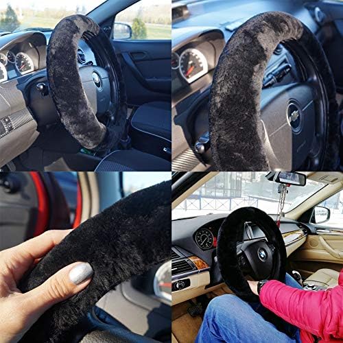 Black Fuzzy Sheepskin Car Steering Wheel Cover - Image 3
