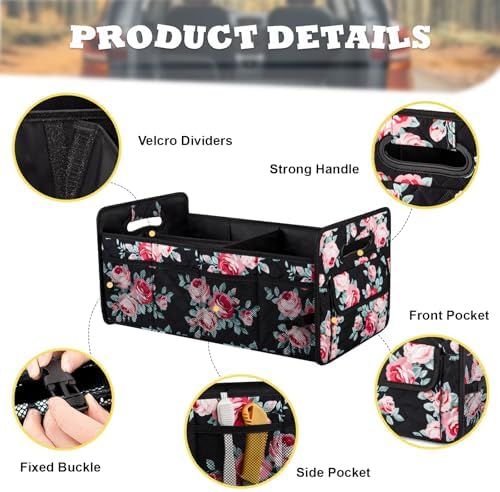 Car Trunk Organizer, Collapsible Car Organizers and Storage Black Floral - Image 2