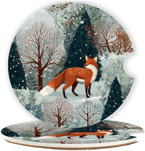 Ceramic Car Cup Holder Coasters Set of 2, 2.56 in Snow Fox by Mengduxd