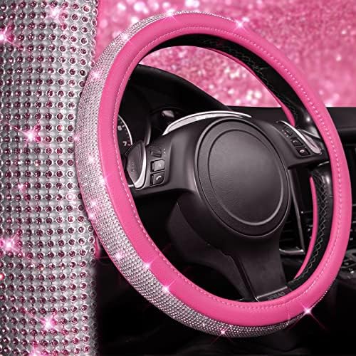 CAR PASS Diamond Pink Leather Steering Wheel Cover, - Image 5