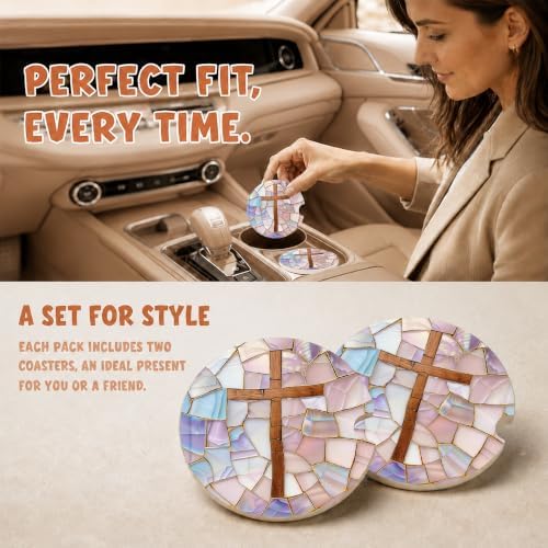 Christian Cross Stained Glass Car Coasters, Religious Faith Cup Holders - Image 2