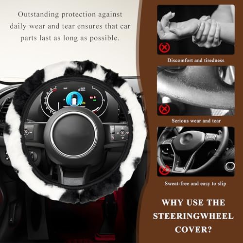 Cow Print Car Steering Wheel Cover, Cute Cow Print Anti-Slip Plush Wheel - Image 5