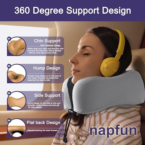 napfun Neck Pillow for Travel, Memory Foam Airplane Pillow, Mist Gray - Image 3