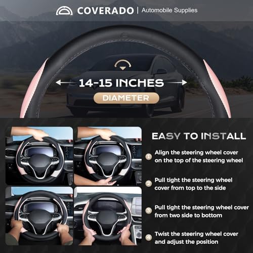 Coverado Car Steering Wheel Cover, Nappa Leather Black & Pink Steering Wheel - Image 5