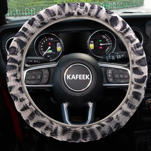 KAFEEK Gray Leopard Fuzzy Steering Wheel Cover - Image 2