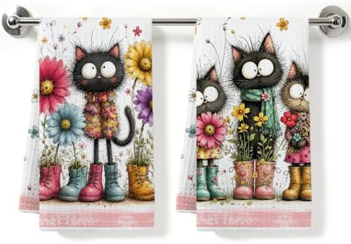 2 Pcs Funny Cat Kitchen Towels, Cat Theme Soft Absorbent Hand Tea Towels 03 by ZHAMEN