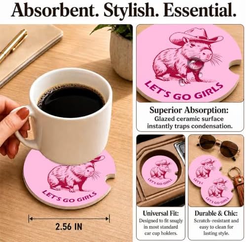 Pink Western Capybara Car Coasters, Let's Go Girls Coquette Cup Holders - Image 3