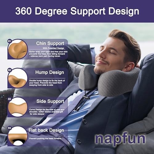 napfun Neck Pillow for Travel, Memory Foam Airplane Pillow, Dark Gray - Image 3