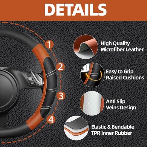 NBTEPEM 6 Pcs Brown Steering Wheel Cover Set, Sport Microfiber Leather Steering - Image 3