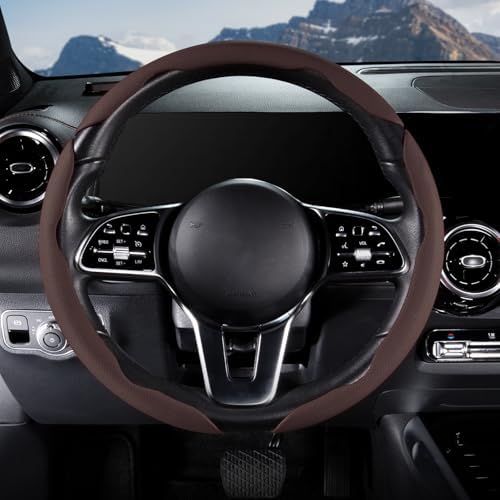 Car Steering Wheel Cover Leather 14.5-15 in Universal 3Pcs Set Brown - Image 2