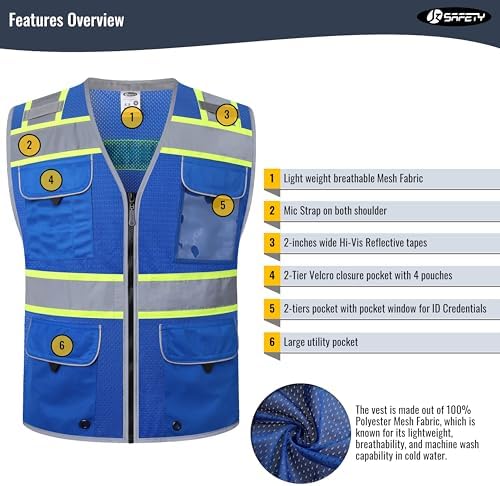 JKSafety Hi-Vis Unisex Surveyor Safety Vest Heavy Duty PPE Inner Pockets - Image 3