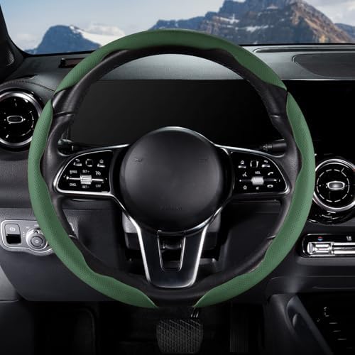 Car Steering Wheel Cover Leather 14.5-15 in Universal 3Pcs Set Green - Image 2