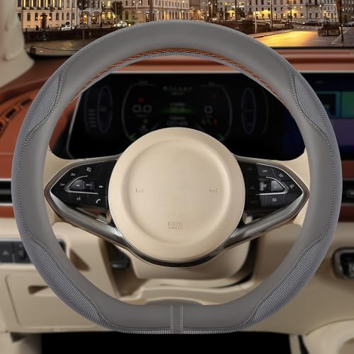 Nappa Leather Grey D Shaped Steering Wheel Cover 14 inch by Binsheo
