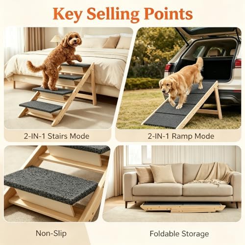 Foldable 4-Step Dog Stairs for Bed, 2-in-1 Dog Steps & Ramp for High Bed Couch - Image 3