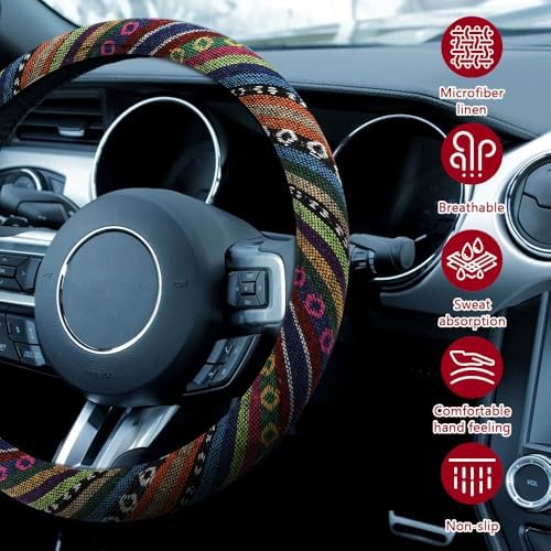 Boho Steering Wheel Cover, 14.5-15" Anti-Slip Flax - Image 4