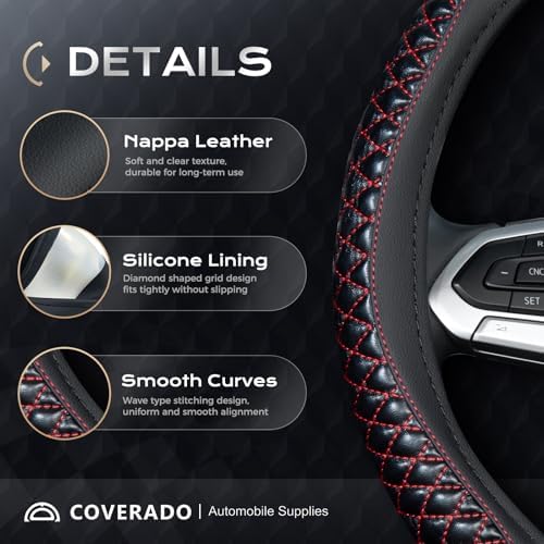 Coverado Car Steering Wheel Cover, Nappa Leather Black & Redline Steering Wheel - Image 2