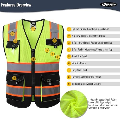 JKSafety Safety Vest for Men Women Hi Vis Reflective Vest JK220 YBlack S - Image 3