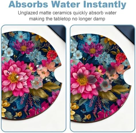 Ceramic Car Cup Holder Coasters Set of 2, 2.56 in Colorful Flowers - Image 5