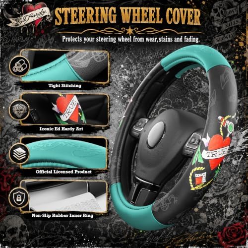 ED HARDY Heart Print Steering Wheel Cover, Mint Leather Universal Car Streeing - Image 4