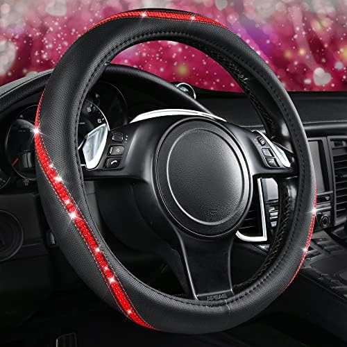 CAR PASS Bling Diamond Black Leather Steering Wheel Cover, Studded Crystal by CARPASS