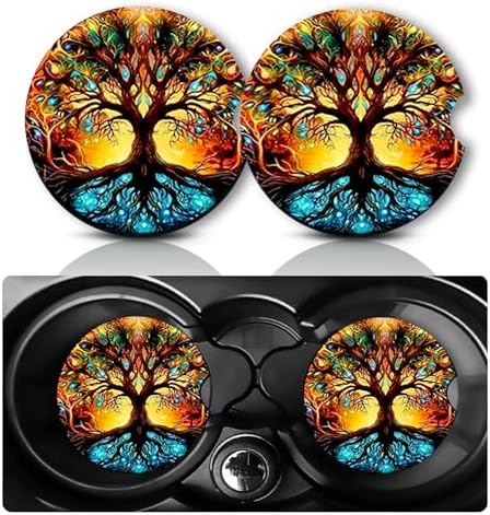 2Pcs Rainbow Tree Car Coasters, 2.75" Neoprene Cars Cup Holder Coasters by Databa