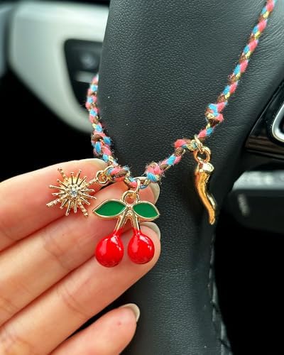 Steering Wheel Charm Accessory Red Cherry Gold Sun Chili Braided Pendant Car - Image 2