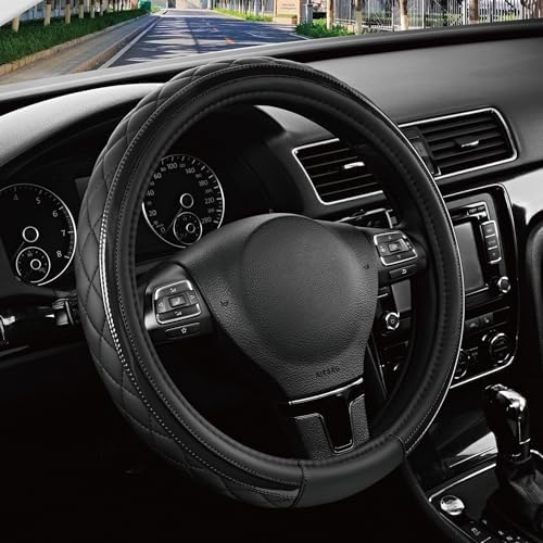 Road Comforts Leather Steering Wheel Cover – Black & Black, Universal Fit by RoadComforts