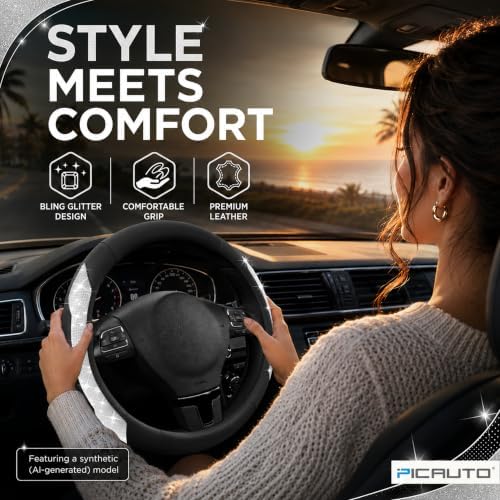 PIC AUTO Steering Wheel Cover, Sparkly Crystal Bling Glitter - Image 3