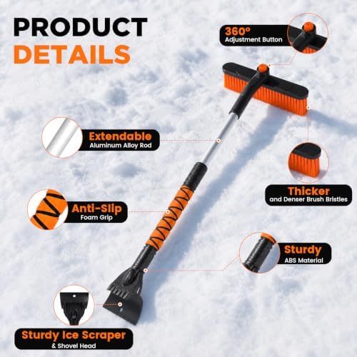 33" Snow Brush and Ice Scraper for Car Windshield, Extendable & 360° Pivoting - Image 5
