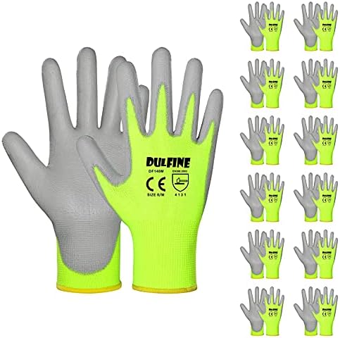 DULFINE Safety Work Gloves for Men & Women 12 Pairs, PU Coated Yellow M by DULFINE