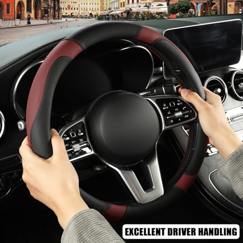 Black Burgundy Microfiber Leather Steering Wheel Cover 15 inch - Image 5