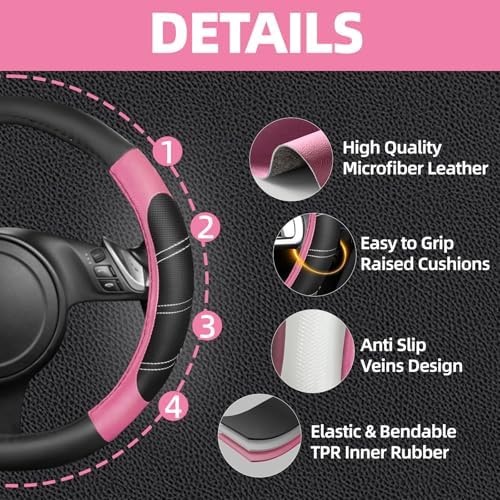 NBTEPEM 10 Pcs Pink Car Floor Mats Full Set & Sport Leather Pink Steering Wheel - Image 2