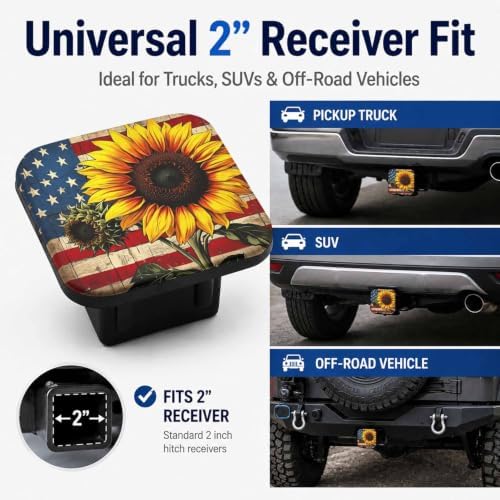 Hitch Cover Receiver Tube Hitch Plug Rustic Sunflower American Flag, Tool-Free - Image 4