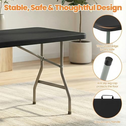 Black 6FT Folding Table with 6 Plastic Folding Chairs - Image 4