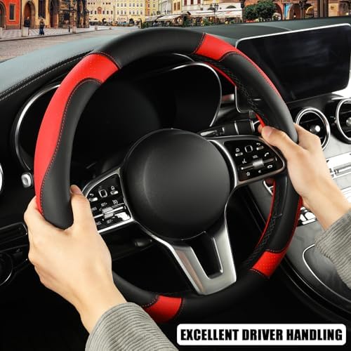 Black Red Microfiber Leather D Shaped Steering Wheel Cover - Image 5