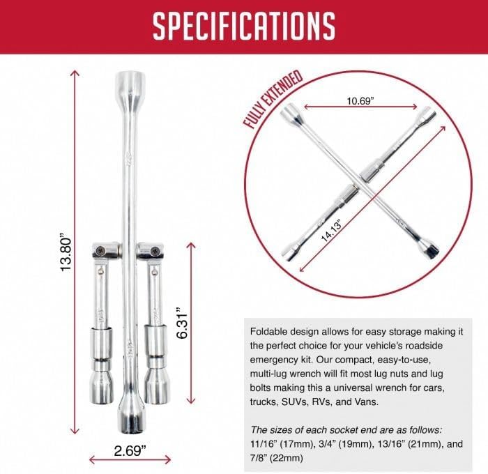Wheel Accessories Parts 4 Way Folding Lug Wrench Universal 14 Inch Tire Cross - Image 2