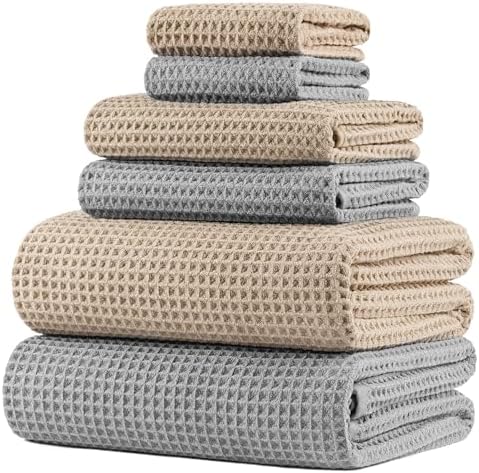 POLYTE 430 GSM Poly Blend Microfiber Quick Dry Waffle Bath Towel Set of 6 by Polyte