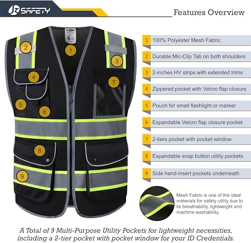JKSafety Safety Vest for Men Women Reflective Hi Vis JK100 Black 2XL - Image 3
