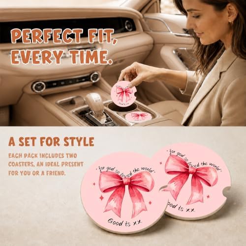 Pink Bow Christian Bible Car Coasters, Scripture Faith Cup Holders - Image 2