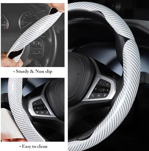Carbon Fiber Steering Wheel Cover Universal 3pcs Protector Glossy White - Image 5