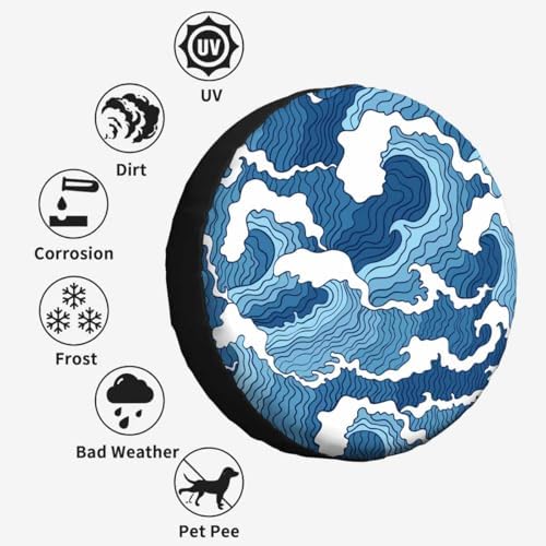 Blue and White Wave Spare Tire Cover 15 inch Wheel Japanese Abstract Protectors - Image 5