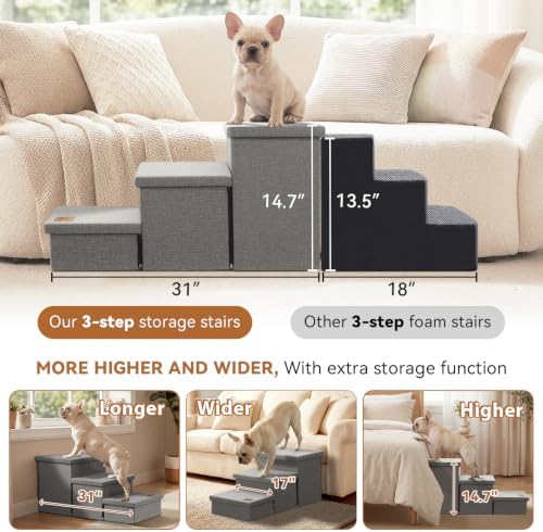 Zerbuger Dog Stairs with Storage, Small Grey 3 Steps Dog Ramp no Condo - Image 4