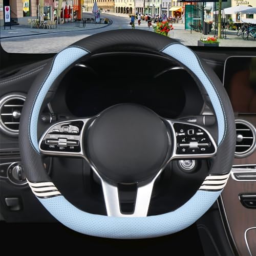 15 inch Cute Leather D Shape Steering Wheel Cover Black Blue by Binsheo