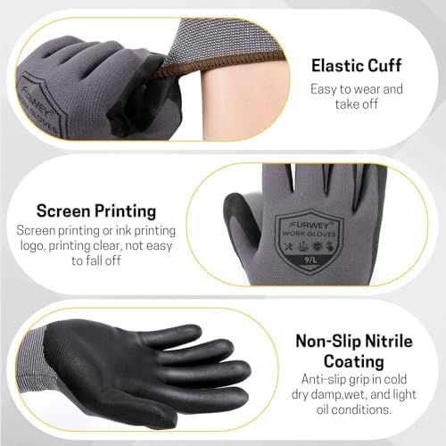 FURWEY Work Gloves, 16/32Pairs Nitrile, Seamless Nylon Knit - Image 6