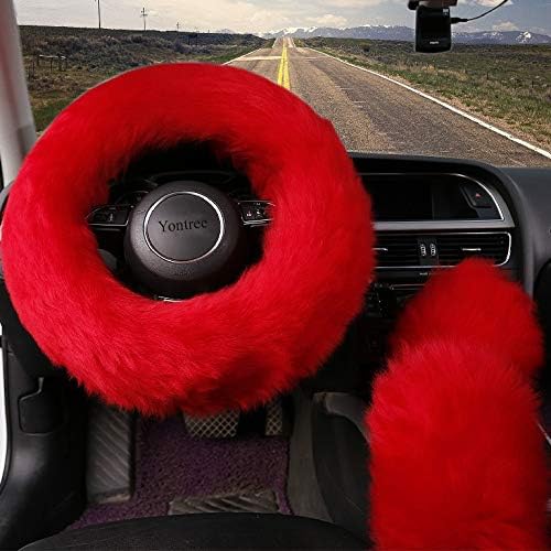 Red Fluffy Sheepskin Car Steering Wheel Covers - Image 3